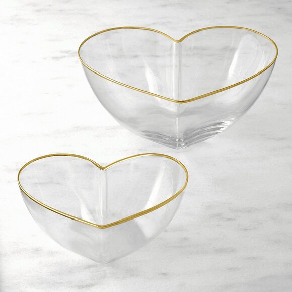 NEW Williams Sonoma Set of 2 Heart Shaped Gold Trimmed Glass Serving Bowls NIB - Picture 1 of 5